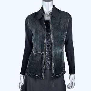 Pursuits Black Leather Knit Zipped Jacket M